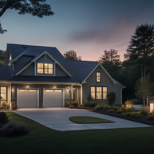 A serene suburban home at dusk, with a sleek energy storage system visible beside the garage, surrounded by lush greenery and a faint glowing grid pattern overlay on the roof and walls.