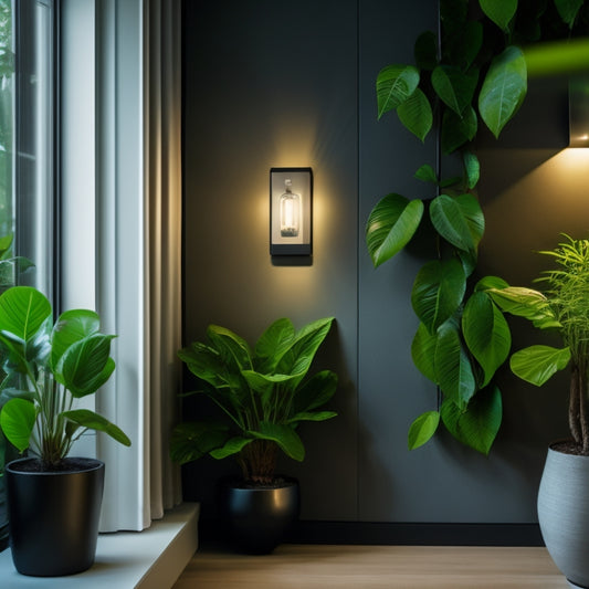 A modern home's interior with a sleek, compact power battery system installed on a wall, surrounded by eco-friendly plants and a subtle, futuristic glow emanating from the device.