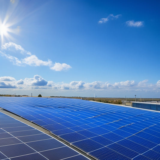 A bright blue sky with fluffy white clouds, featuring a row of sleek, black, rectangular solar panels installed on a modern rooftop, with a subtle shine and gentle shadows.