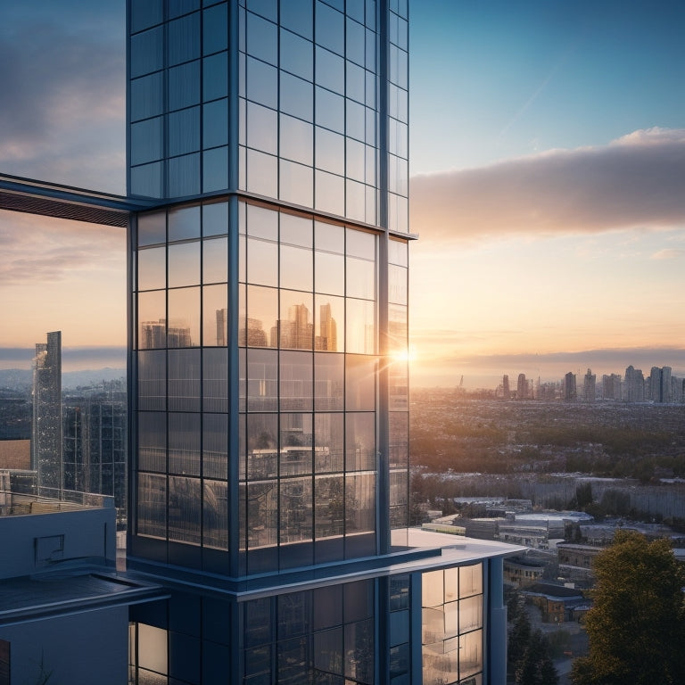 A modern, sleek residential building with a large, south-facing window featuring a seamless integration of transparent solar panels, blending energy harvesting with unobstructed cityscape views.