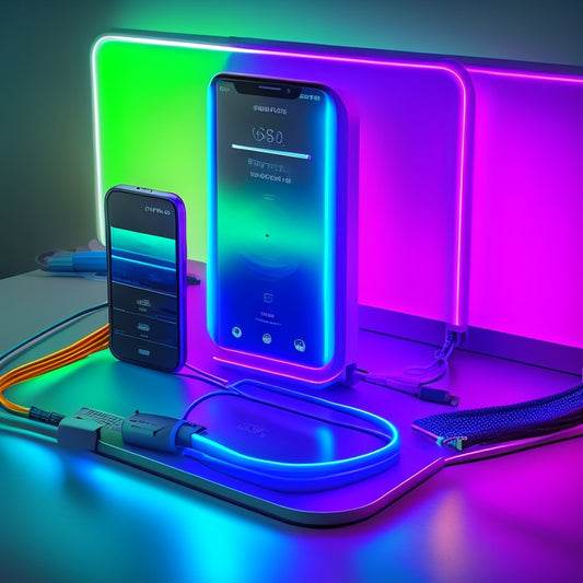A sleek, modern charging station with multiple devices plugged in, vibrant LED indicators glowing, surrounded by high-speed cables, set against a bright, minimalist background showcasing speed and efficiency.