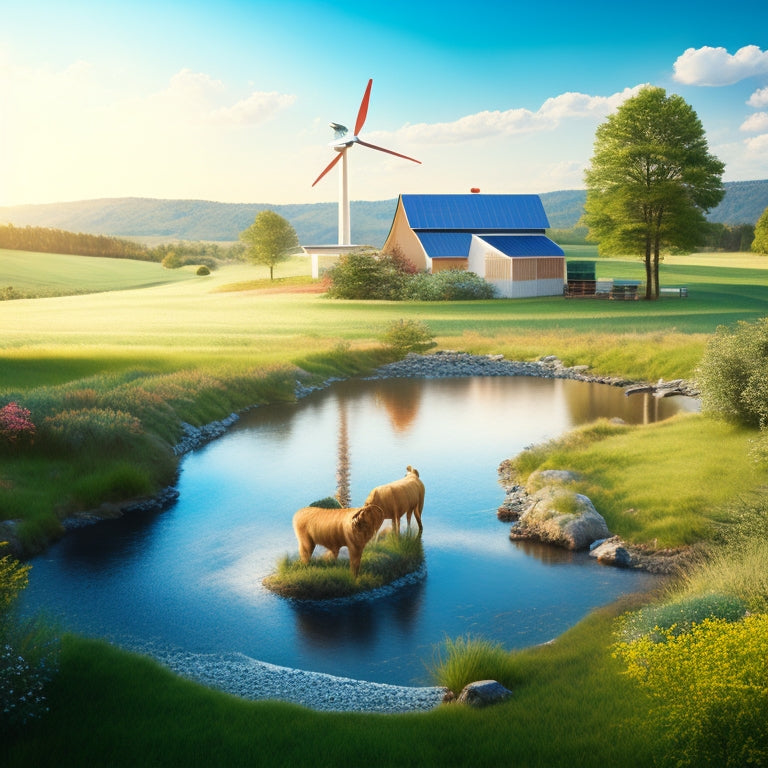 An illustration of a serene, sun-kissed rural landscape with a wind turbine and solar panels powering a water pump, surrounded by lush greenery and a meandering stream.