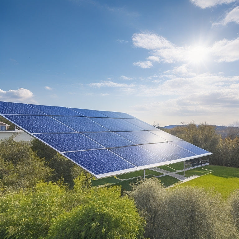 A photograph of a modern, sleek, and silver solar panel system installed on a rooftop, with a subtle blue sky and fluffy white clouds in the background, and a few leaves from nearby trees slightly overlapping the panels.