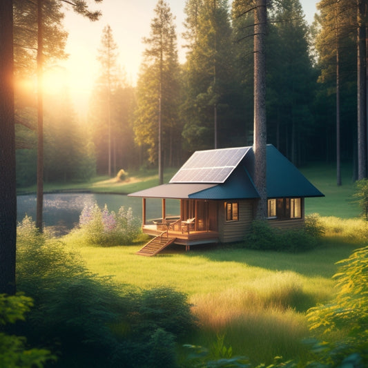 A serene cabin surrounded by lush green trees, with solar panels installed on the roof, reflecting sunlight, and a small wind turbine spinning in the distance.
