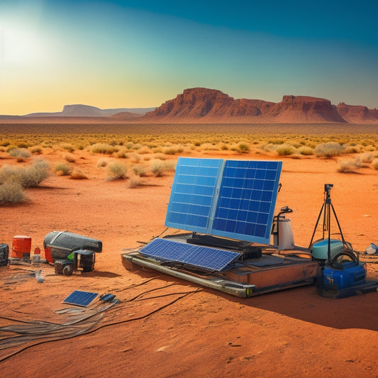 A dramatic, high-contrast illustration of a remote solar panel installation in a harsh, arid landscape, with a cracked and worn panel in the foreground, surrounded by scattered tools and testing equipment.