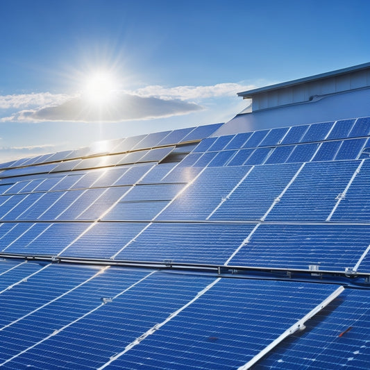 A futuristic, sleek solar panel installation on a modern rooftop, with reflective blue-gray panels angled towards a bright blue sky, surrounded by sleek silver frames and thin wires.