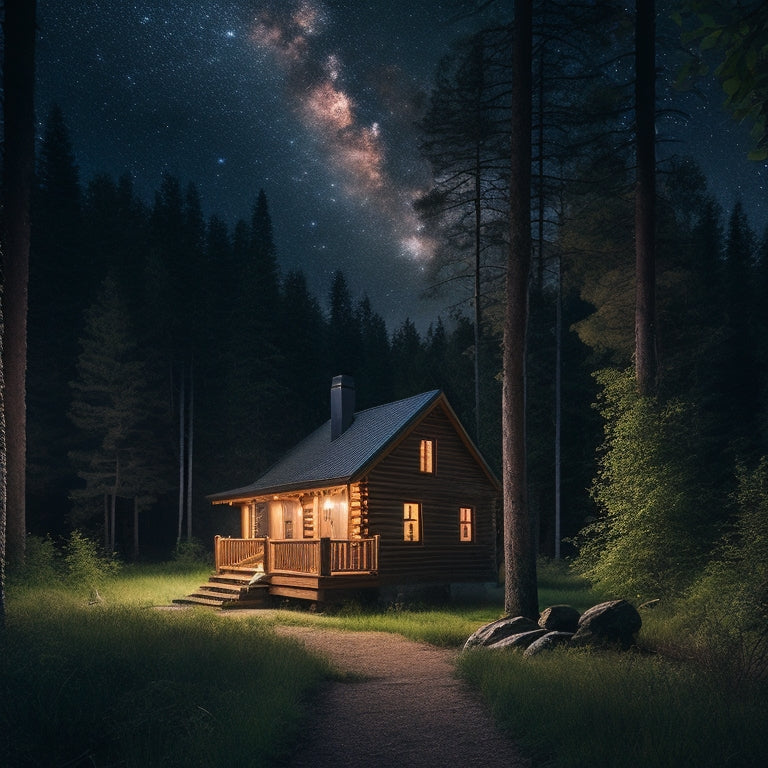 A serene, starry night sky above a secluded off-grid cabin surrounded by lush forest, with a subtle illustration of the solar system's planets orbiting the cabin's solar panel roof.