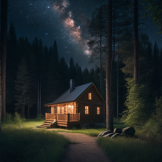 A serene, starry night sky above a secluded off-grid cabin surrounded by lush forest, with a subtle illustration of the solar system's planets orbiting the cabin's solar panel roof.