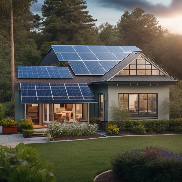 A serene suburban home with a sleek solar panel array on its rooftop, surrounded by lush greenery, with a subtle glimpse of a battery storage system visible through a window.