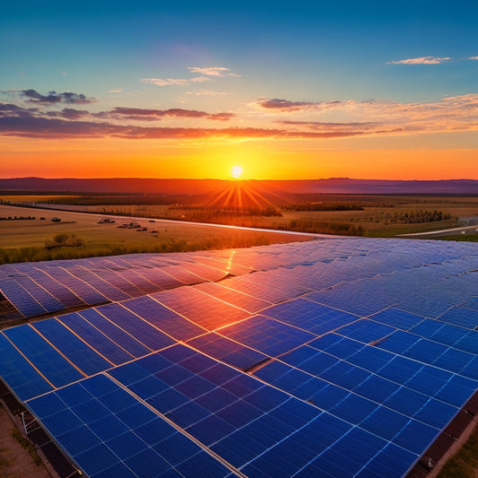 A sprawling solar farm at sunset, with rows of massive, sleek, black photovoltaic panels stretching towards the horizon, their reflective surfaces glinting in shades of blue and silver.