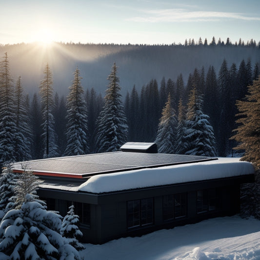 A serene, snow-covered rooftop with a sleek, black solar panel array, angled to absorb sunlight, amidst a backdrop of evergreen trees and a faint, sunny winter sky.