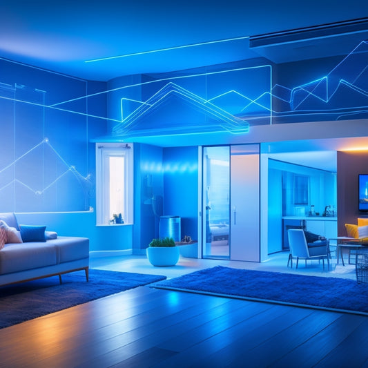 An illustration of a modern smart home with glowing blue lines connecting various devices, including a thermostat, lights, and appliances, to a central hub, surrounded by a subtle grid of energy usage graphs.