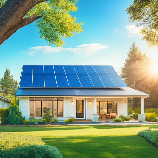 A serene suburban home with a modern, sleek solar panel array on the roof, surrounded by lush greenery and a clear blue sky with a few wispy white clouds.