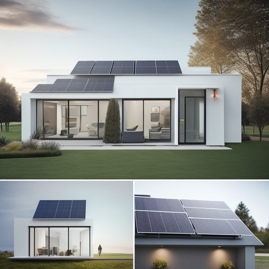 A modern, sleek home with a rooftop solar panel array, a wall-mounted battery bank with sleek, silver units, and a clean, minimalist background with subtle grid patterns.