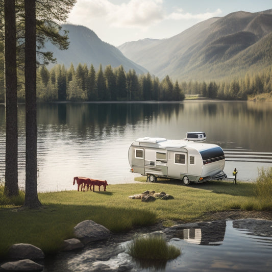 A serene outdoor scene featuring a camper van, lush greenery, and a calm lake in the background, with three to five solar generators of varying sizes placed prominently in the foreground.