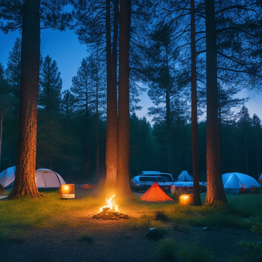 A serene camping scene at dusk, showcasing various solar battery packs charging, surrounded by lush trees, a cozy tent, and glowing lanterns, with a starry sky above and soft campfire light illuminating the area.