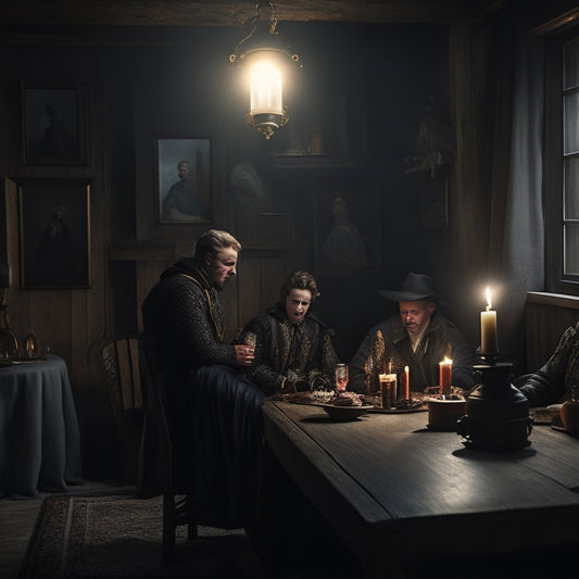 A darkened house with faint moonlight casting shadows on walls, illuminated only by candles and a single lantern, with a subtle hint of a portable generator in the corner, surrounded by family members huddled together.