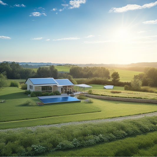 A serene, sun-kissed landscape with a modern, sustainable home in the distance, surrounded by solar panels, wind turbines, and a lush green garden, conveying eco-friendliness and self-sufficiency.