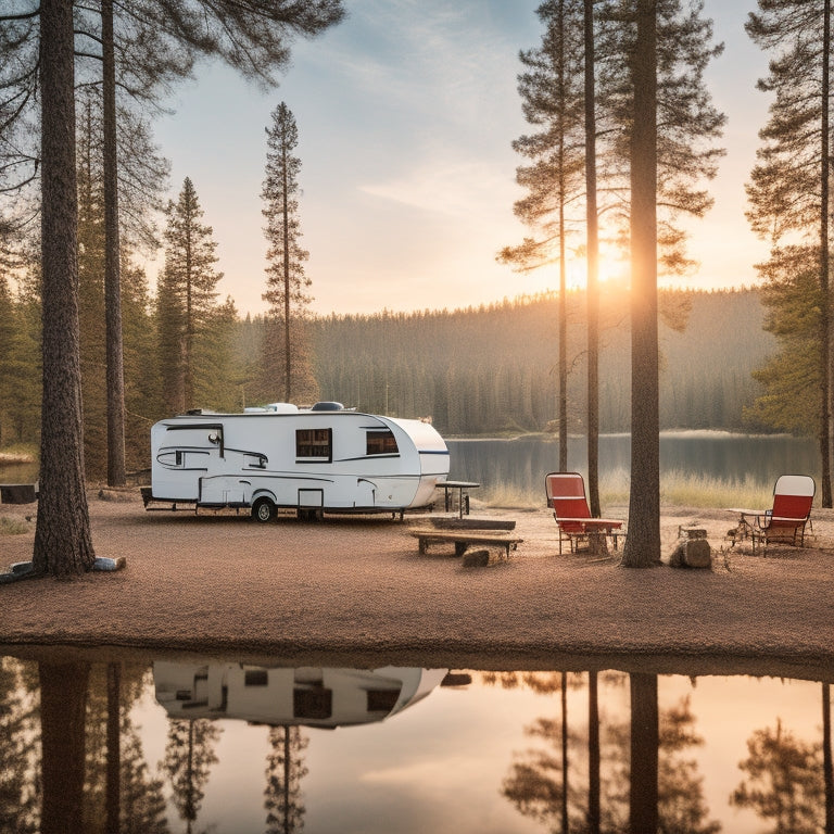 A scenic campsite with a cozy RV, solar panels set up on the ground, sunlight glistening off the panels, surrounded by tall pine trees and a serene lake, with camping gear and a warm campfire nearby.