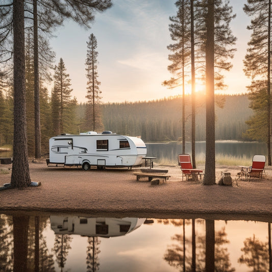 A scenic campsite with a cozy RV, solar panels set up on the ground, sunlight glistening off the panels, surrounded by tall pine trees and a serene lake, with camping gear and a warm campfire nearby.