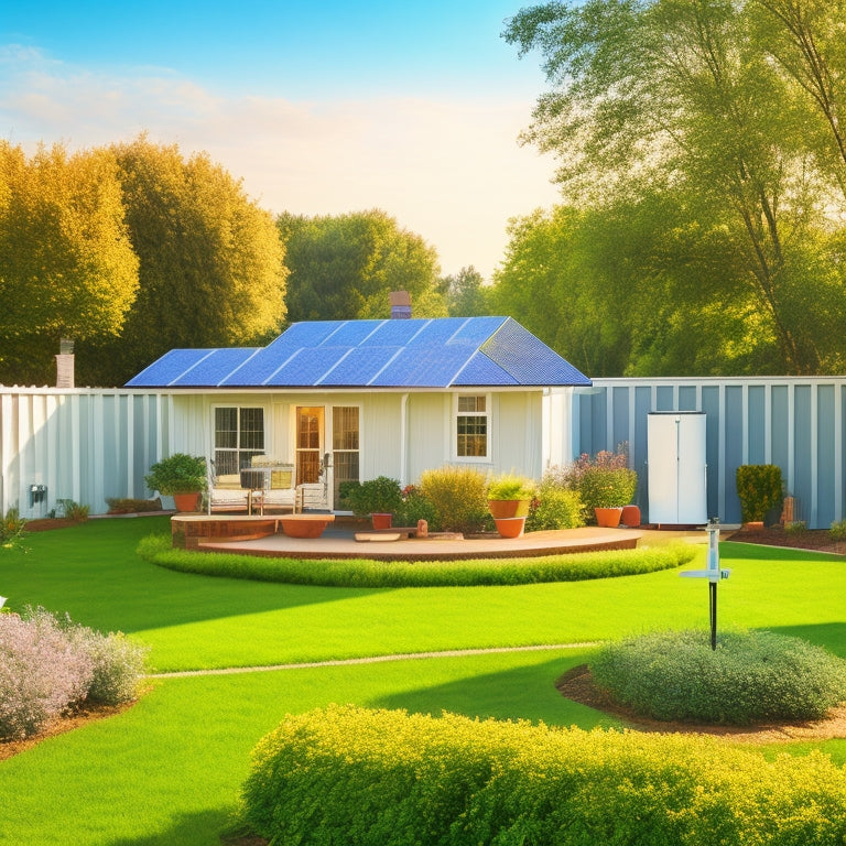 A serene backyard with a modern, sleek solar panel array on the roof, a compact wind turbine spinning in the distance, and a lush green garden surrounded by a white picket fence.