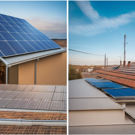 A split-screen image: a cluttered rooftop with traditional solar panels and a messy tangle of wires, versus a sleek, modern roof with a minimalist DIY solar panel mounting system and clean, organized cables.