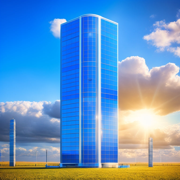 A futuristic illustration of a sleek, silver battery tower surrounded by rows of solar panels, with glowing blue energy lines radiating outward, set against a bright blue sky with fluffy white clouds.