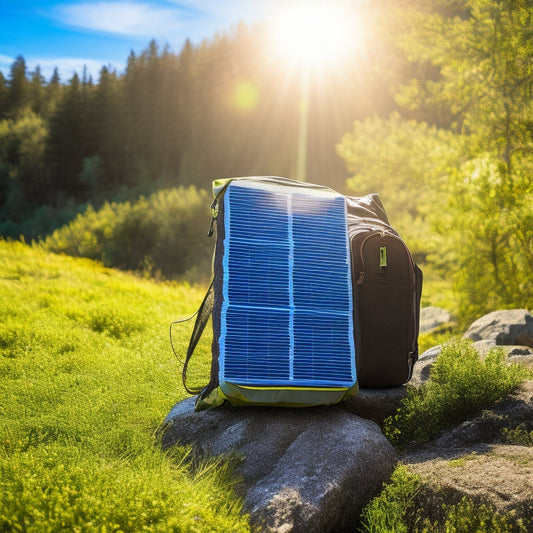 A vibrant outdoor scene featuring a rugged solar-powered backpack resting on a rocky terrain, surrounded by lush green trees and a clear blue sky, with sunlight reflecting off the solar panels.