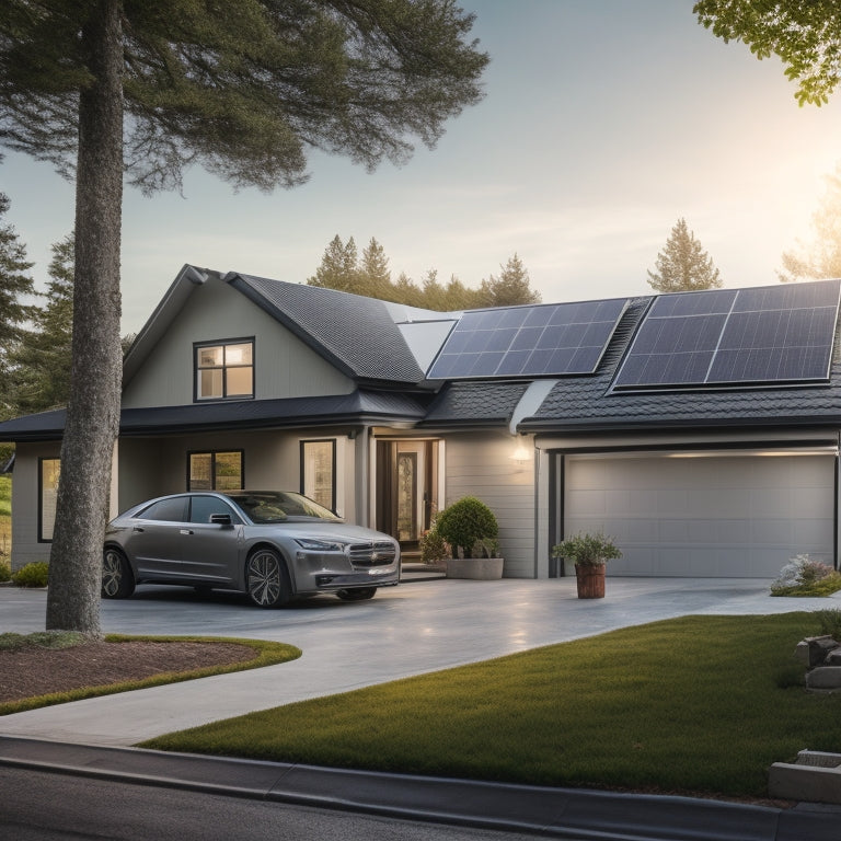 A serene suburban home with a sloping roof, solar panels installed in a staggered pattern, a sleek inverter on the side wall, and a shiny electric vehicle charging in the driveway.
