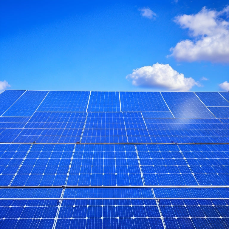 A bright blue sky with a few white, puffy clouds serves as the backdrop for a row of sleek, black solar panels installed on a modern, red-tiled roof, with a subtle grid pattern in the foreground.
