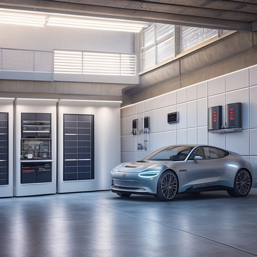 A futuristic garage interior with sleek, silver batteries stacked vertically, connected to a solar panel array on the roof, and a smart home system display on the wall.