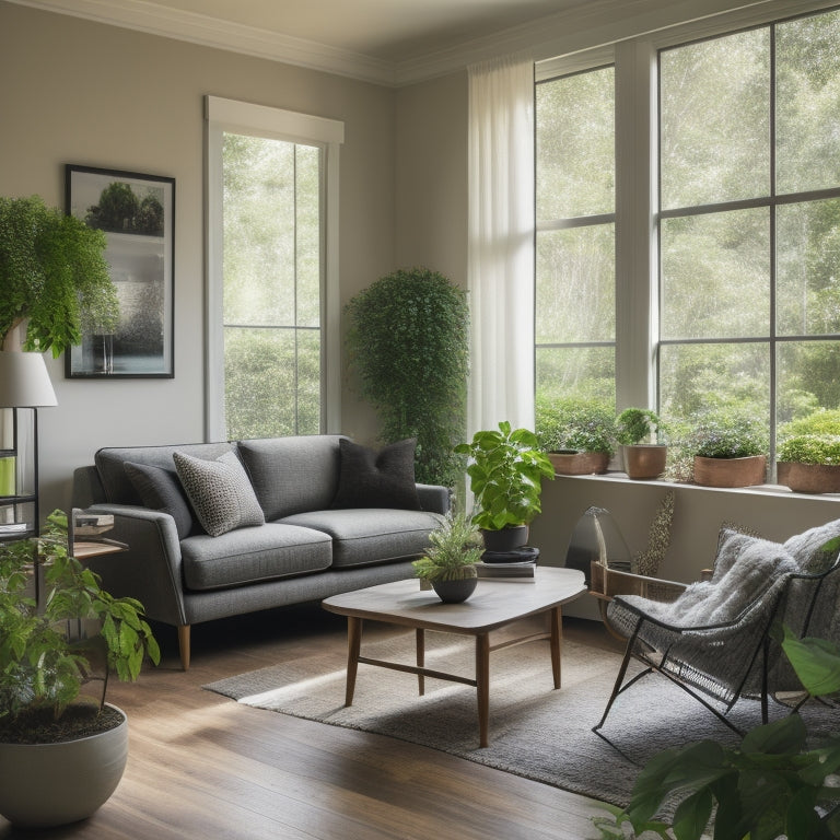 A serene living room with a laptop, a smart thermostat, and a few solar panels visible through a window, surrounded by lush greenery and soft natural light, conveying efficient home powering.