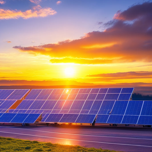 A futuristic solar energy facility with sleek solar panels glistening in sunlight, surrounded by high-tech battery storage units, all set against a vibrant sunset sky, highlighting the harmony of nature and technology.