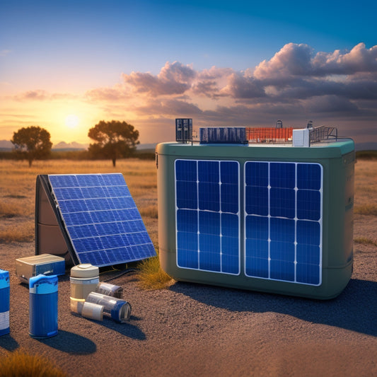 An illustration of a solar panel system with a battery bank in the background, featuring a large, healthy battery with a green glow, surrounded by smaller, sulfated batteries with a grayish tint.