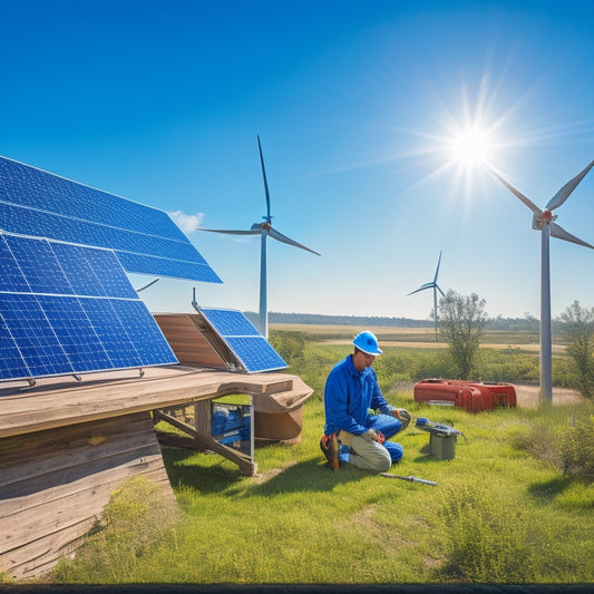 A technician inspecting a solar panel array under a clear blue sky, surrounded by lush greenery, while wind turbines spin gracefully in the background, showcasing tools and maintenance gear laid out on a workbench.