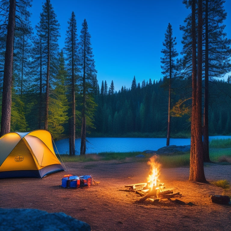 A serene campsite at twilight, featuring a rugged power bank charging devices beside a crackling campfire, surrounded by tall pine trees and a starry night sky, with a tent and hiking gear in the background.