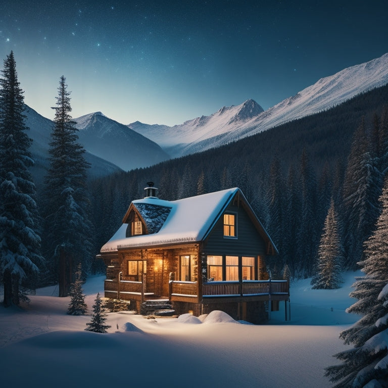 A serene, snow-capped mountain cabin surrounded by evergreen trees, with a solar panel array on the roof and a battery bank visible through a window, amidst a starry night sky.