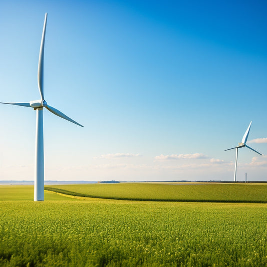 A dynamic wind farm scene featuring towering wind turbines against a clear blue sky, with a close-up of a sleek, modern wind power inverter in the foreground, surrounded by green fields and sunlight.