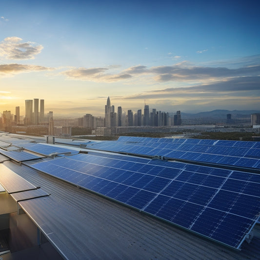 A futuristic rooftop with various solar panel systems, showcasing different upgrade options: sleek black panels, bifacial panels, and thin-film panels, with a cityscape background and a bright blue sky.