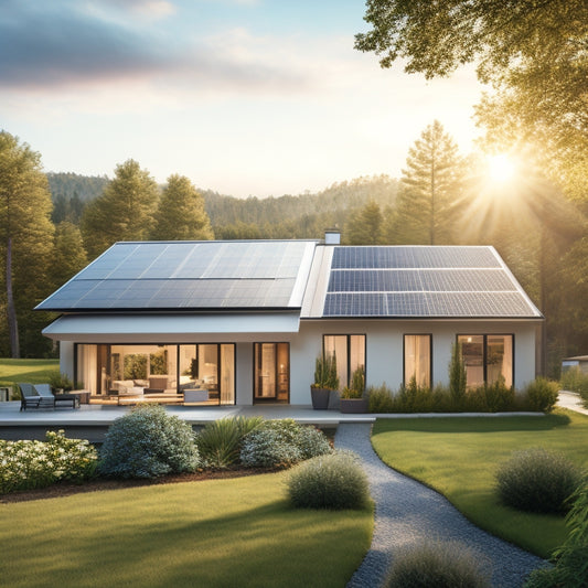 A serene suburban home with a sloping roof, surrounded by lush greenery, featuring a seamless integration of sleek, silver clean energy panels, with sunbeams reflecting off their surface.
