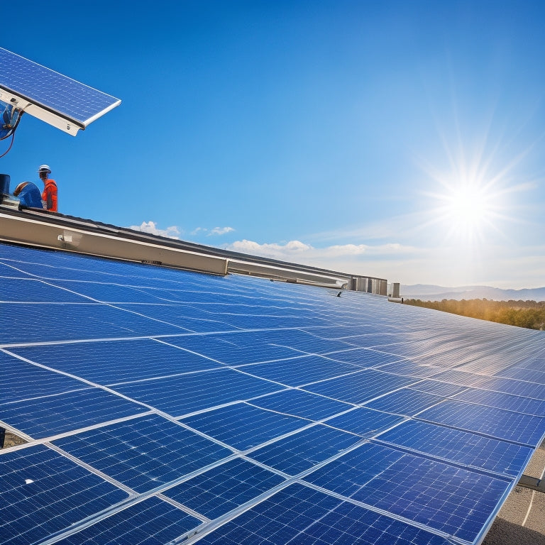 A close-up view of a solar panel rack installation on a residential rooftop, showcasing shiny solar panels arranged in neat rows, surrounded by tools, ladder, and a blue sky with fluffy clouds.