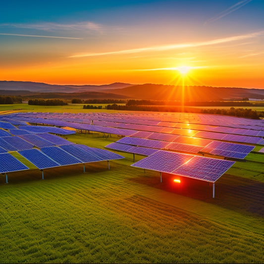 A vibrant solar farm at sunrise, showcasing rows of gleaming solar panels reflecting sunlight, surrounded by lush greenery, with a clear blue sky and a distant wind turbine, illustrating renewable energy harmony and efficiency.