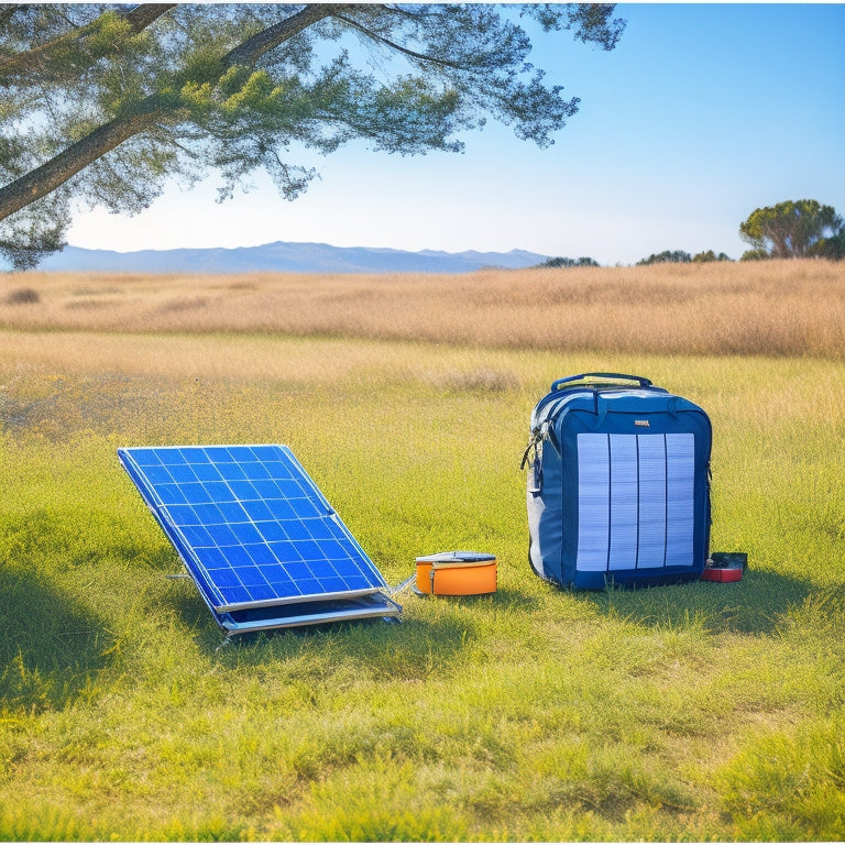 A serene outdoor setting with a portable solar panel kit unfolded on a grassy hill, connected to a camping backpack and laptop, surrounded by lush greenery and a clear blue sky.