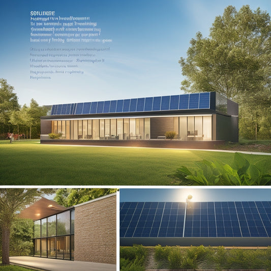 A modern commercial building with solar panels on the roof, energy-efficient LED lights illuminating the exterior, lush greenery surrounding the property, and a digital display showcasing energy savings statistics in the foreground.