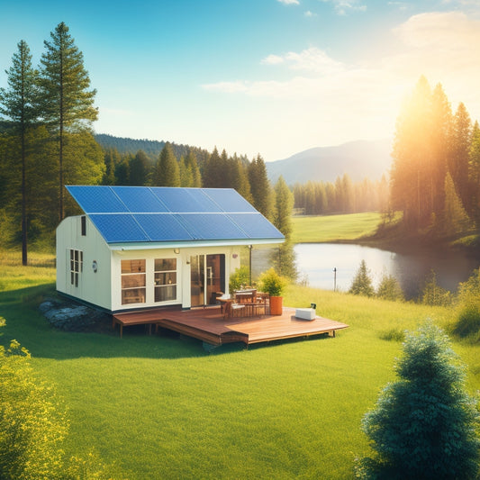 A serene landscape with a small, eco-friendly cabin surrounded by lush greenery, featuring a rooftop solar panel array and a nearby outdoor battery enclosure, under a bright blue sky with fluffy white clouds.