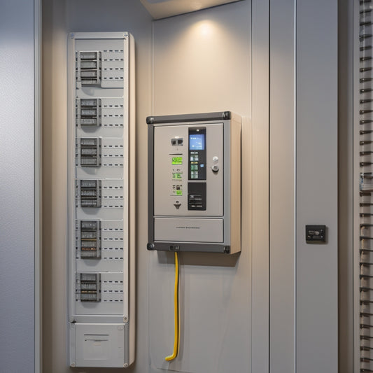 A modern home's electrical panel with a sleek, silver battery backup system installed, surrounded by neat cables, and a subtle glow of LED lights indicating a fully charged status.