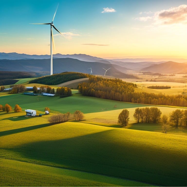 A serene, aerial landscape of a remote area with a cluster of solar panels, wind turbines, and a small, modular energy storage unit, surrounded by rolling hills and sparse trees.