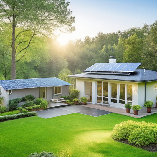 A serene backyard with a modern single-story house, solar panels installed on the roof, a compact inverter on the wall, and a few sleek batteries on the ground, surrounded by lush greenery.