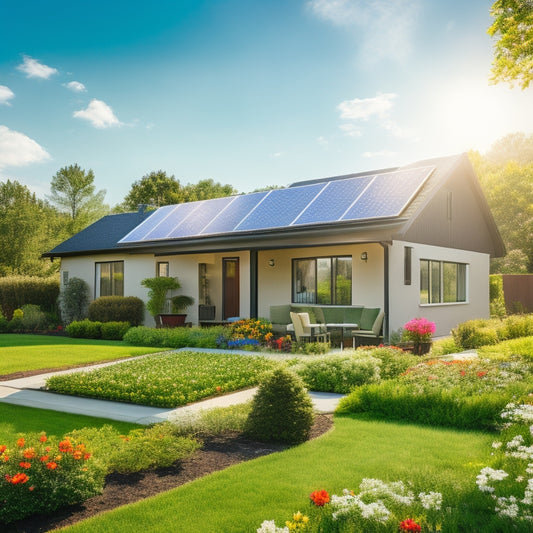A sunny suburban home with a modern roof, partially covered in sleek black solar panels, amidst a lush green lawn and vibrant blooming flowers, with a few birds flying in the clear blue sky.