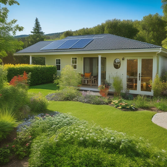 A serene, sunny backyard with a small, modern house, featuring a rooftop solar panel array, a compact wind turbine, and a lush, verdant garden with a few bee-friendly flowers.